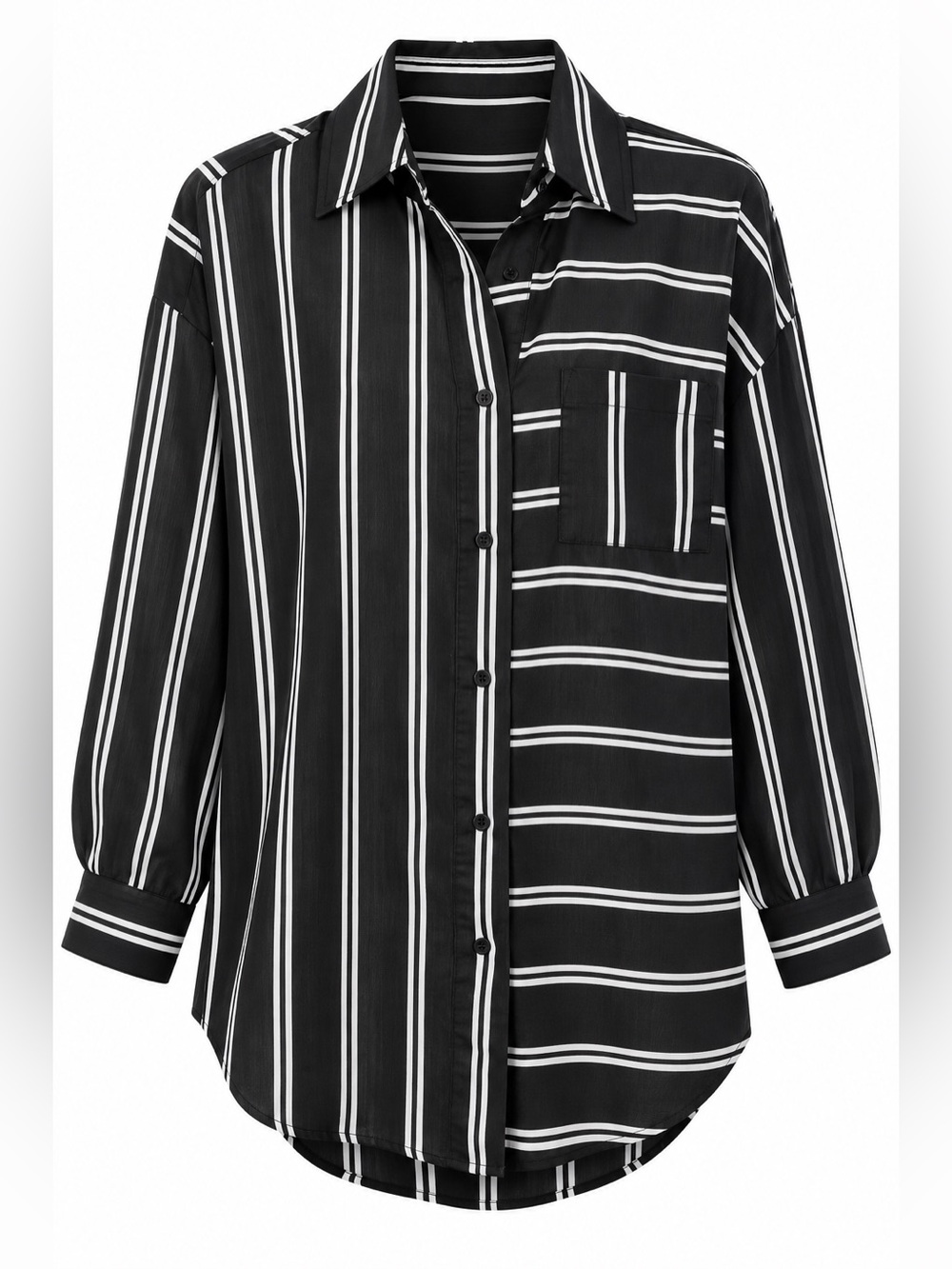 Strippe Black & White Button-Front Blouse  Y2K Office Large